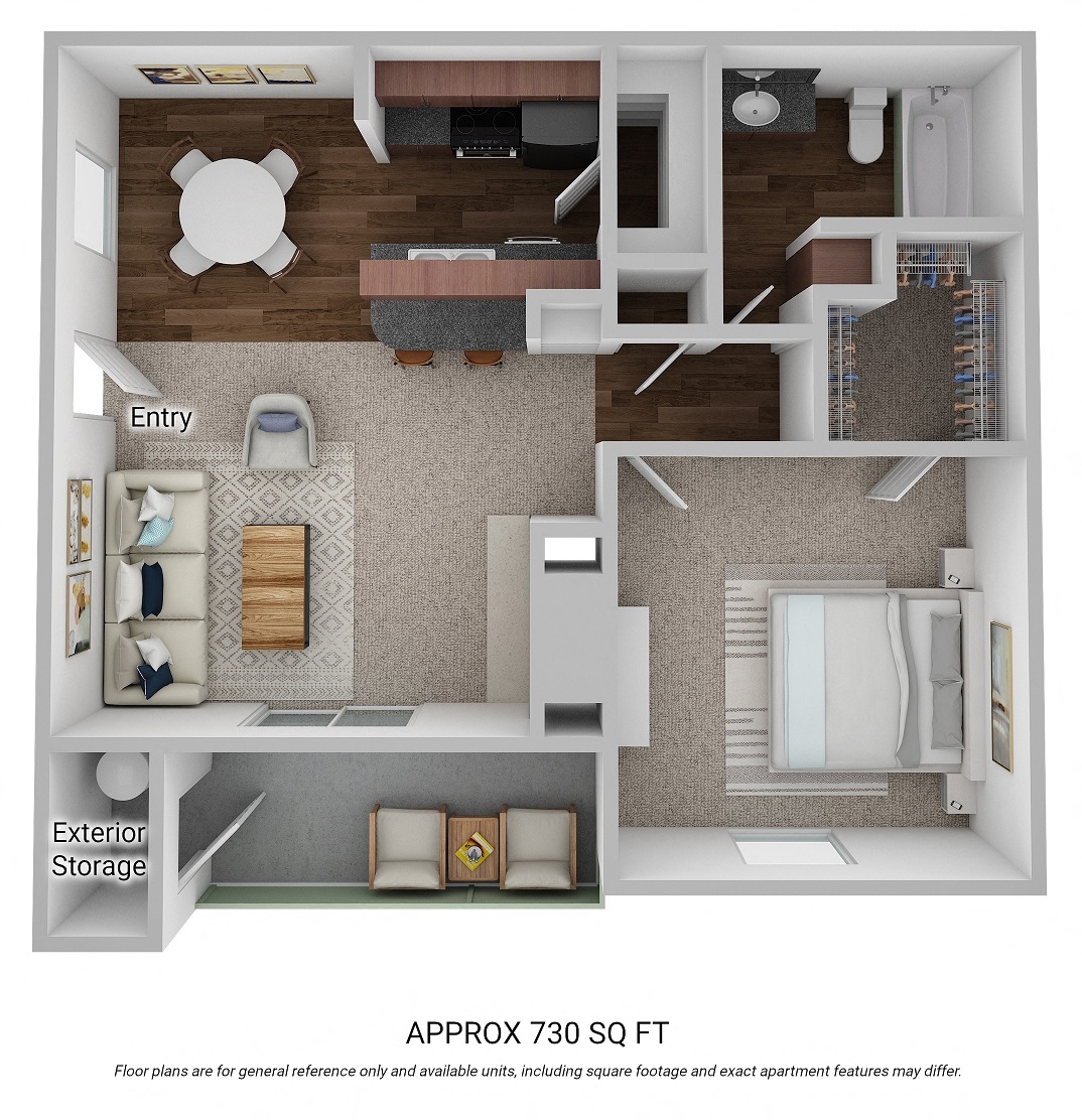 Floor plan for 1 bed, 1 bath, 730 sqft